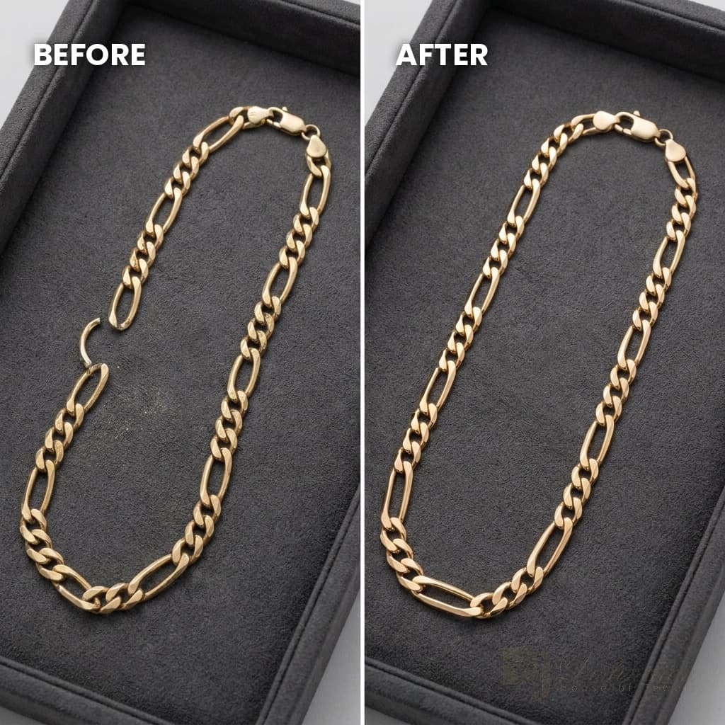 Gold ring before and after professional repair at Distinction House of Jewels