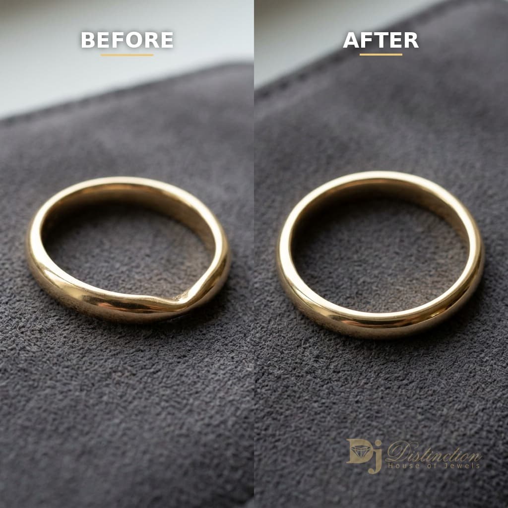 Bent 18k gold ring restored to round — before and after repair