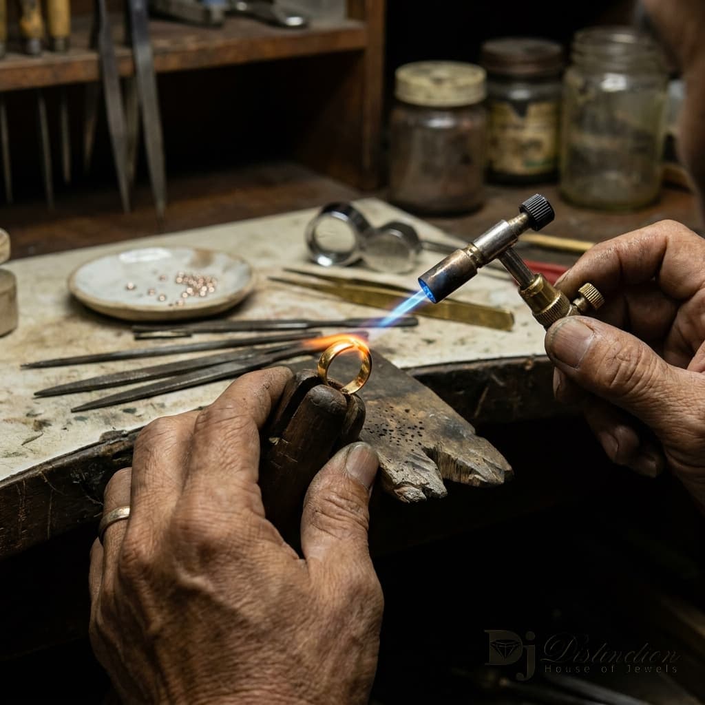 Goldsmith working at the bench at Distinction House of Jewels