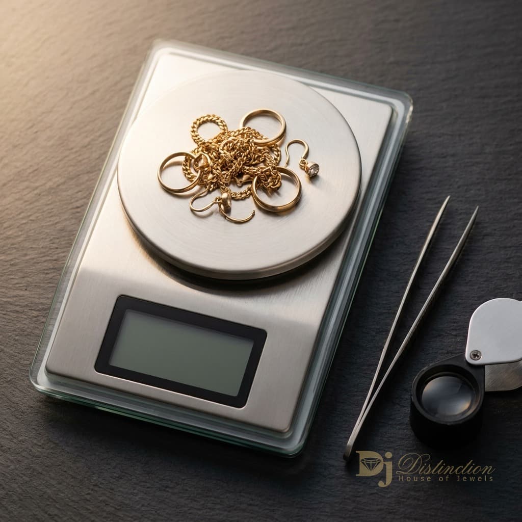 Scrap gold jewelry weighed on a scale for buying